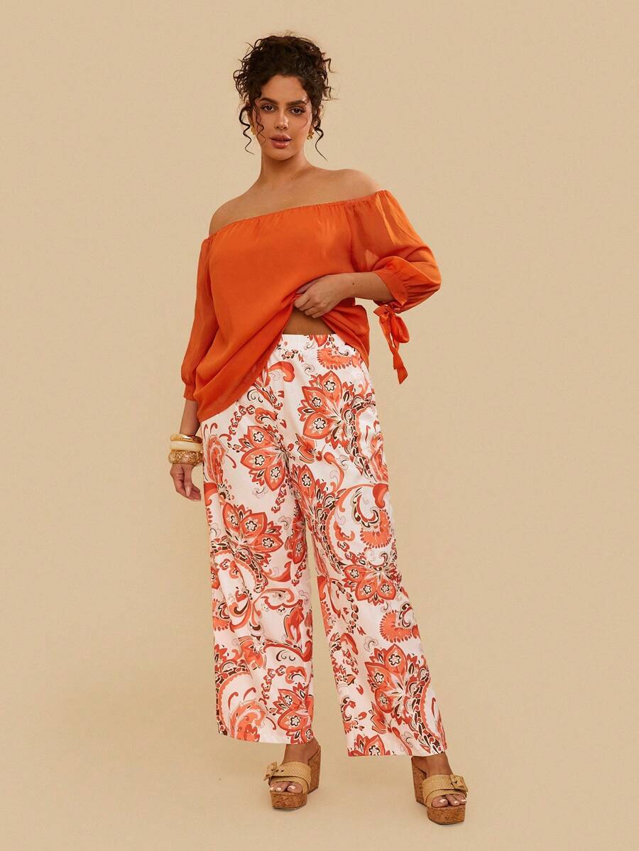 Travachic 2 件套大码纯色露肩长袖上衣和裤子 - 橘色 - 查看 1