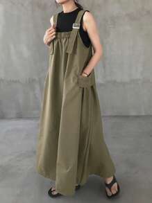 FRIFUL 女式简约休闲宽松长吊带连衣裙，春夏 - 綠色 - 查看 2