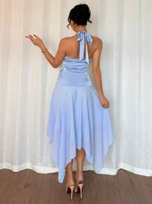 Chiquease Vestido de vacaciones sin mangas de cuello halter, cintura ceñida y dobladillo asimétrico de unicolor