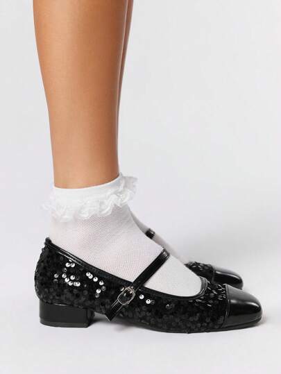 Black Chunky Sole, Leather & Glitter Panel Mixed, Unique Design, Fashionable & Eye-Catching, Easy To Wear With Vibe