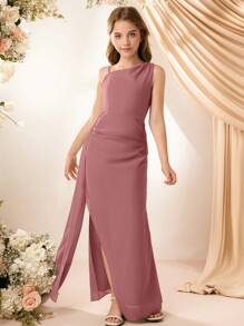 Elegant Flower Girl Long Chiffon Spaghetti Strap Ruffle Slit Dress For Wedding, Prom, Birthday, Party Fall Winter - Pink - View 3