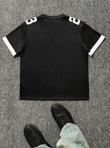 SHEIN Camiseta de manga corta con escote en V y parches de malla tejida, estilo urbano para niños preadolescentes, primavera/verano