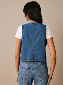 Poéselle 女式花卉刺绣牛仔背心，蓝色波西米亚风女式牛仔夹克，时尚前开式牛仔夹克，Y2k 乡村音乐会可爱夏季上衣，节日，外出，复古，秋季 - 中等水洗藍 - 查看 3