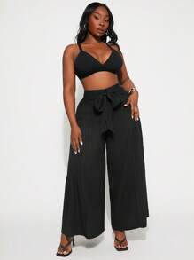 SHEIN SXY Pantalones anchos de pierna ancha de primavera y verano elegantes y sexy para mujer de talla grande, de unicolor, con cintura elástica multicapa dividida y cinturón incorporado, adecuado para uso diario - Negro - Ver 5