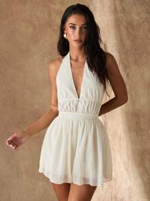 Glamine Combinaison sexy à col en V, dos nu avec attache, couleur unie, coupe ample, convient pour la plage, les vacances, les tenues décontractées - Nude - Voir 7