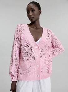 Ontre 2025 Otoño Mujer Cárdigan de punto holgado con escote en V y diseño calado floral, minimalista y de moda, elegante y romántico, adecuado para vacaciones urbanas, vacaciones en la isla, chaqueta de punto ligera de verano, estilo bohemio, atuendo para el Día del Maestro, Cárdigan de punto rosa para damas, ropa para vacaciones y Navidad, ropa nueva de otoño/invierno y Año Nuevo