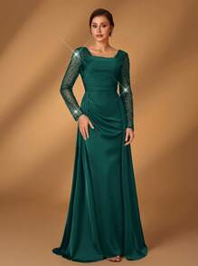 Serin Elegant Luxurious Transparent Long Sleeve Satin Splice Mermaid Beaded & Sequins Shawl, Suitable For Wedding, Party, Holiday, Banquet, Bride, Mother Dress - Dark Green - View 2