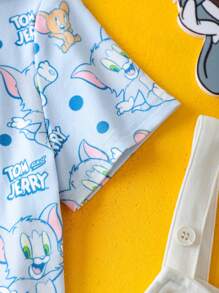 TOM & JERRY X SHEIN Baby Boy Cartoon Pattern Blue Cute & Funny Short Sleeve T-Shirt And Cute Bib Overalls Set