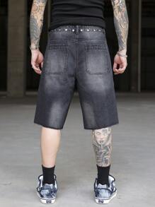 Manfinity EMRG 男士休闲水洗做旧牛仔短裤、朋克短裤、哥特风男士短裤、男士街头风短裤 - 黑色 - 查看 2