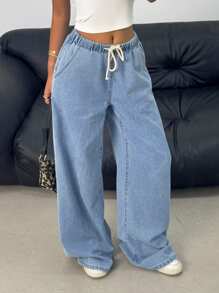 SHEIN Teen Girls Y2K Casual Versatile Summer Light Washed Drawstring Waist Wide Leg Casual Jeans Wide Leg Jeans For Daily Wear,Summer Stretchy Waist Comfortable Wide Leg Pants,Girls Summer Beach Boho Vacation Casual Outfits,Rave Concert Festival Outfits,Girls Summer Brunch Church Graduation Outfits,Streetwear Back To School Outfits