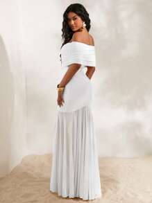 Opulessa 女式纯色针织网眼露肩修身超长美人鱼连衣裙 - 白色 - 查看 2