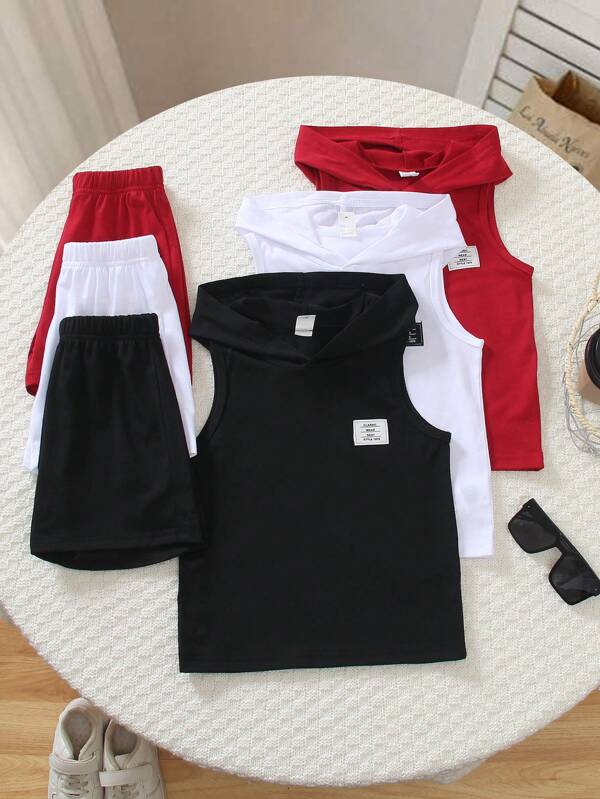 Conjunto de múltiples piezas: Parte superior sin mangas con capucha de unicolor casual + pantalones cortos con cintura elástica holgados para niños, ligero y cómodo, adecuado para uso en exteriores