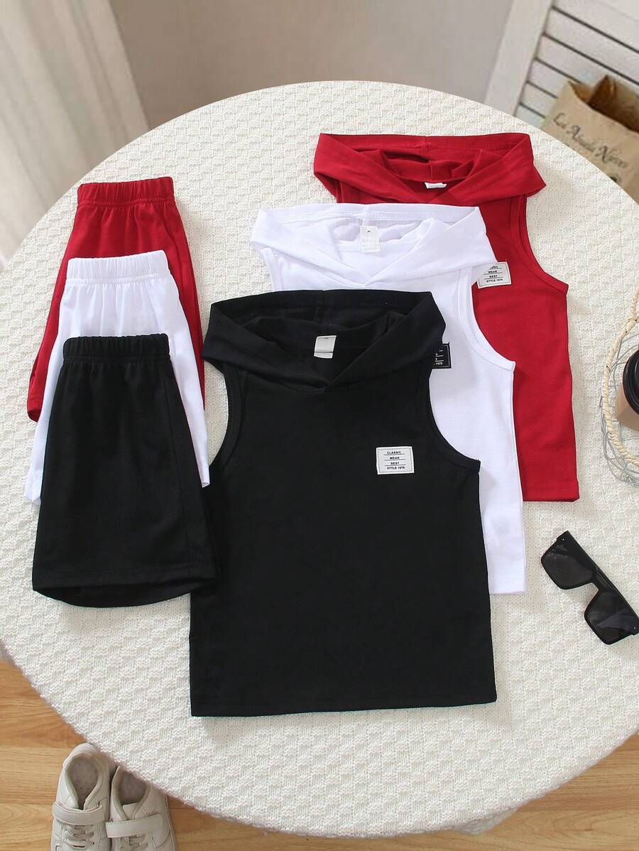 Conjunto de múltiples piezas: Parte superior sin mangas con capucha de unicolor casual + pantalones cortos con cintura elástica holgados para niños, ligero y cómodo, adecuado para uso en exteriores