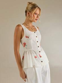 Avantive Summer New Square Neckline Sleeveless Printed A-Line Women Top - Red and White - View 3