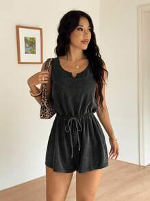 SHEIN EZwear 黑色 V 领无袖针织连体裤，女式休闲弹力束腰连体裤，夏季 - 黑色 - 查看 5