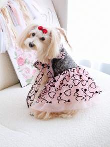 PETSIN 1 pièce Robe élégante de petite amie rose mode, avec cœur noir pailleté, broderie, épissage en mesh floqué noir et nœud papillon, dos nu. Robe de chien mignonne, populaire en Europe et Amérique - Rose bonbon - Voir 6