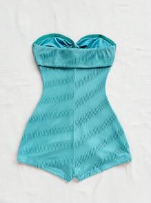 Soleia 女士节日针织不对称纹理波浪紧身胸衣扭结腰部修身连体衣，适合派对、约会、情人节、下午茶 - 藍色 - 查看 2