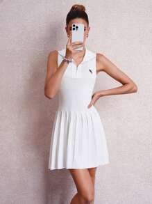 SHEIN Clasi Women Embroidered Design Zip High Neck Sleeveless Pleated Hem Dress - White - View 4