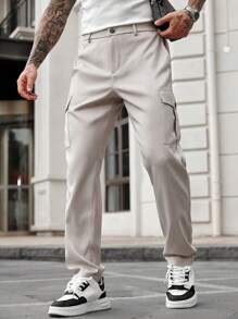 Manfinity Homme 男士休闲简约工装裤 - 卡其色 - 查看 4