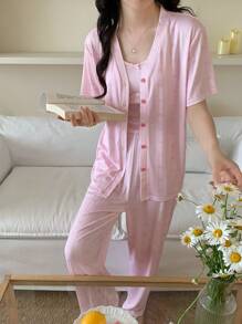 3件套青少年女童柔软针织蝴蝶结印花短袖开衫、裤子和吊带背心睡衣套装蝴蝶结夏装毕业礼物芭蕾舞裙女童连衣裙 - 粉色 - 查看 7