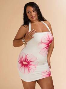 SHEIN BAE 女式花卉印花简约吊带性感裹身迷你连衣裙，大号花卉连衣裙，度假连衣裙，大码连衣裙，春夏季，女士生日连衣裙，雏菊连衣裙