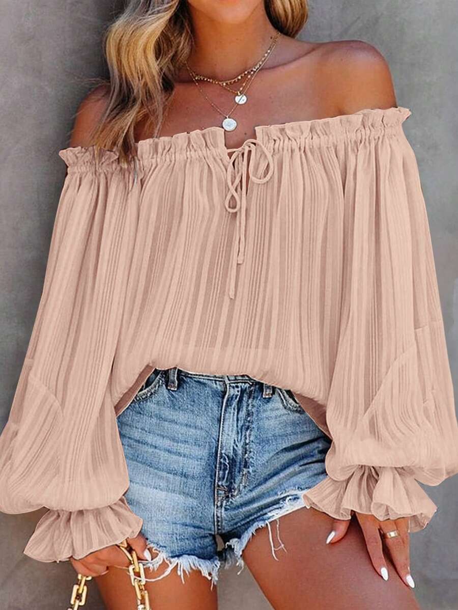 SHEIN VCAY Women's Casual Solid Color One Shoulder Lantern Sleeve Blouse - Baby Pink - View 1