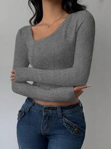 SHEIN BASICS Women's Casual Solid Color Knit Long Sleeve Slim-Fit Sweater - Light Grey - View 5
