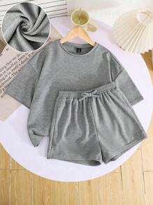 SHEIN LUNE Conjunto de camiseta y pantalones cortos cómodos y versátiles, conjunto de talla grande para concierto country, graduación, atuendo de verano para mujeres, atuendo para brunch, atuendo para el Día de la Madre, atuendo para la iglesia para mujeres - Gris - Ver 1