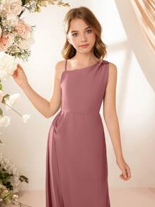 Elegant Flower Girl Long Chiffon Spaghetti Strap Ruffle Slit Dress For Wedding, Prom, Birthday, Party Fall Winter - Pink - View 6