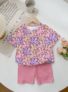 SHEIN طقم تي شيرت قصيرة الأكمام بياقة دائرية وسروال ضيق مناسب للفتيات الصغيرات ، مناسب للربيع/الصيف - متعدد الألوان - مشاهدة 2