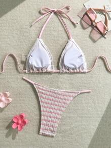 Swim Mod 2 件套女士度假纹理吊带蝴蝶结三角上衣和可爱短裤比基尼套装 - 粉色 - 查看 7