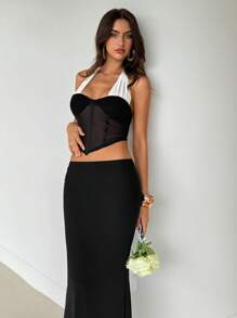 Aloruh Women's Wedding Season Black And White Crop Halter Top And Low Waist Maxi Skirt Two Pieces Outfits For Daily Wear Prom Dresses For Women  Wedding Guest Outfit Women - Black and White - View 1