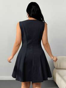 SHEIN EZwear 大码女式黑色无袖圆领A字腰中长连衣裙 - 黑色 - 查看 2