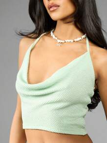 MISSGUIDED Summer Textured Cowl Neck Halter Tank Ruched Fitted Crop Top Beach Resort Vacation Club Party Festival Essential - Green - View 6