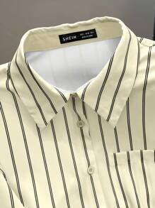 Chiquease 标准尺寸女士优雅情人节领条纹口袋装饰直袖休闲宽松衬衫