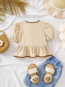 Travachic KIDS Cute "Babygirl" Bow Decor Apricot Short Sleeve Top, Versatile Summer Holiday Wear - Apricot - View 2