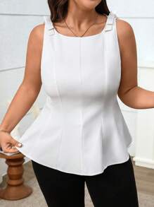 Flirla 大码女式优雅简约商务休闲度假无袖衬衫，法式圆领收腰 A 字形蝴蝶装饰双层下摆，春夏 - 白色 - 查看 5