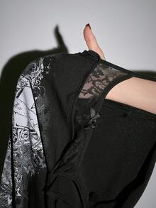 ROMWE Grunge Punk Fashionable Punk Print Lace Patchwork Pleated Side Off Shoulder Strap Mini Dress - Black - View 7