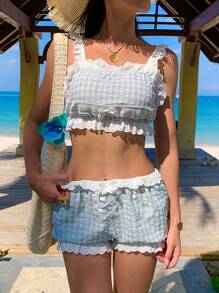 Zolique Women's Cotton Linen Shorts With Floral Patchwork Ruffle & Check Pattern, Casual & Cute, Summer Beach Outfits For Woman Resort Wear - Multicolor - View 3