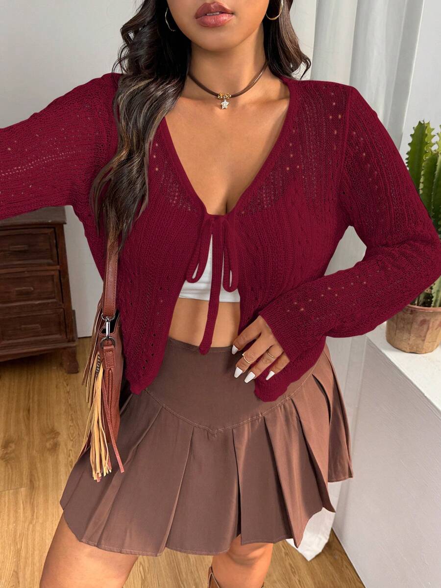 SHEIN EZwear Plus Size Wine Red Ice Silk Knit Cardigan, Spring/Summer