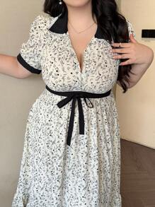 Vibekara Contrast Color Lace Trim Sweet Floral Print Mini Dress