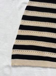 Soleia 春夏休闲杏色和黑色拼色条纹镂空露肩针织连衣裙，适合派对、约会、海滩、游轮、度假、音乐节、波西米亚风假期、下午茶