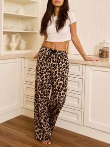 SHEIN Women's Casual Leopard Print Bowknot Elastic Waist Loose Pajama Pants, Fall, Winter
