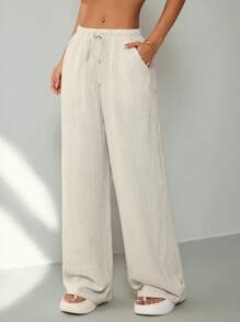 SHEIN PETITE 休闲百搭纯色直筒裤 - 米色 - 查看 5