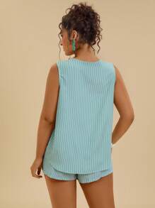Travachic Ensemble 2 pièces grande taille pour femmes - un débardeur bleu et blanc rayé et un short, pour la plage et l'été