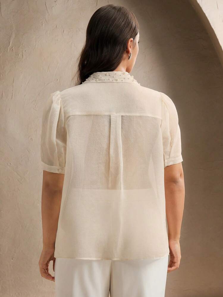 Plus Size Women Beaded Collar Lace Trim See-Through Short Sleeve Blouse