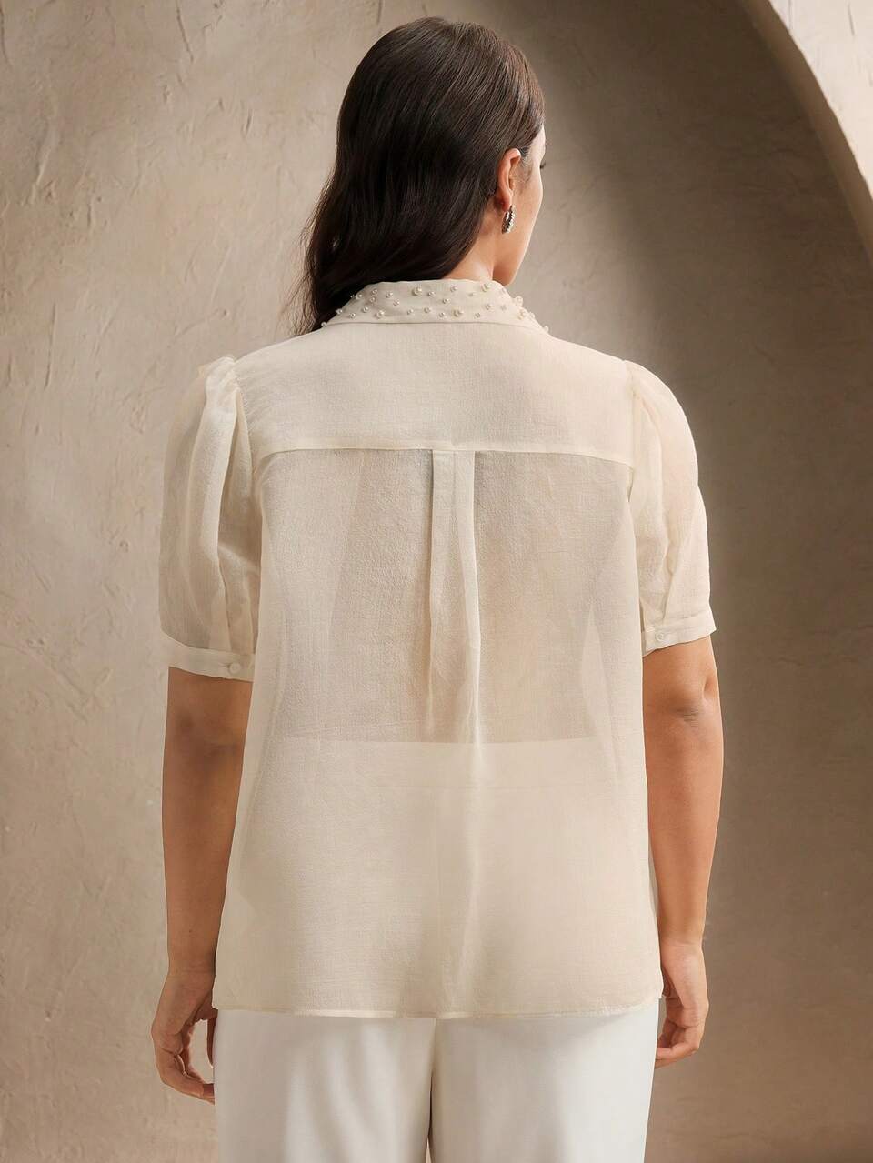 Plus Size Women Beaded Collar Lace Trim See-Through Short Sleeve Blouse