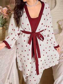CottageSlumber Plus Size Contrast Color Heart Print Camisole Top And Pants And Robe Pajama Set Holiday Season - Burgundy - View 8