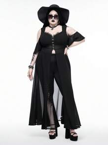 ROMWE Goth Cárdigan de playa de gasa con parches de encaje transparente, estilo gótico, tallas grandes, para verano