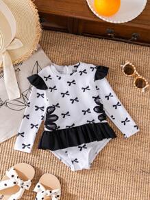 Baby Girl Cute Bow Print Ruffle Long Sleeves One-Piece Swimsuit - Black and White - View 6